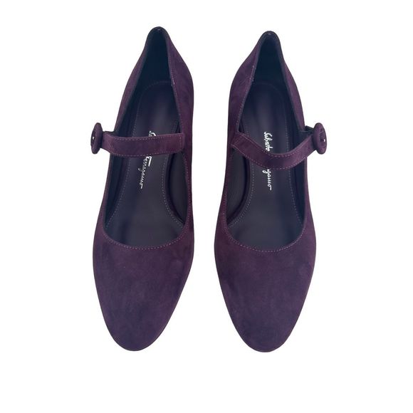 Salvatore Ferragamo Ortensia Suede Mary Jane Purple Silver Geometric Heel Sz 5C‎ - Picture 2 of 11